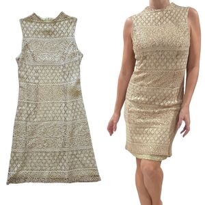 Vintage 80s Onyx Nite Metallic Gold Crochet Lace Dress Sz 6 Sleeveless Shimmer